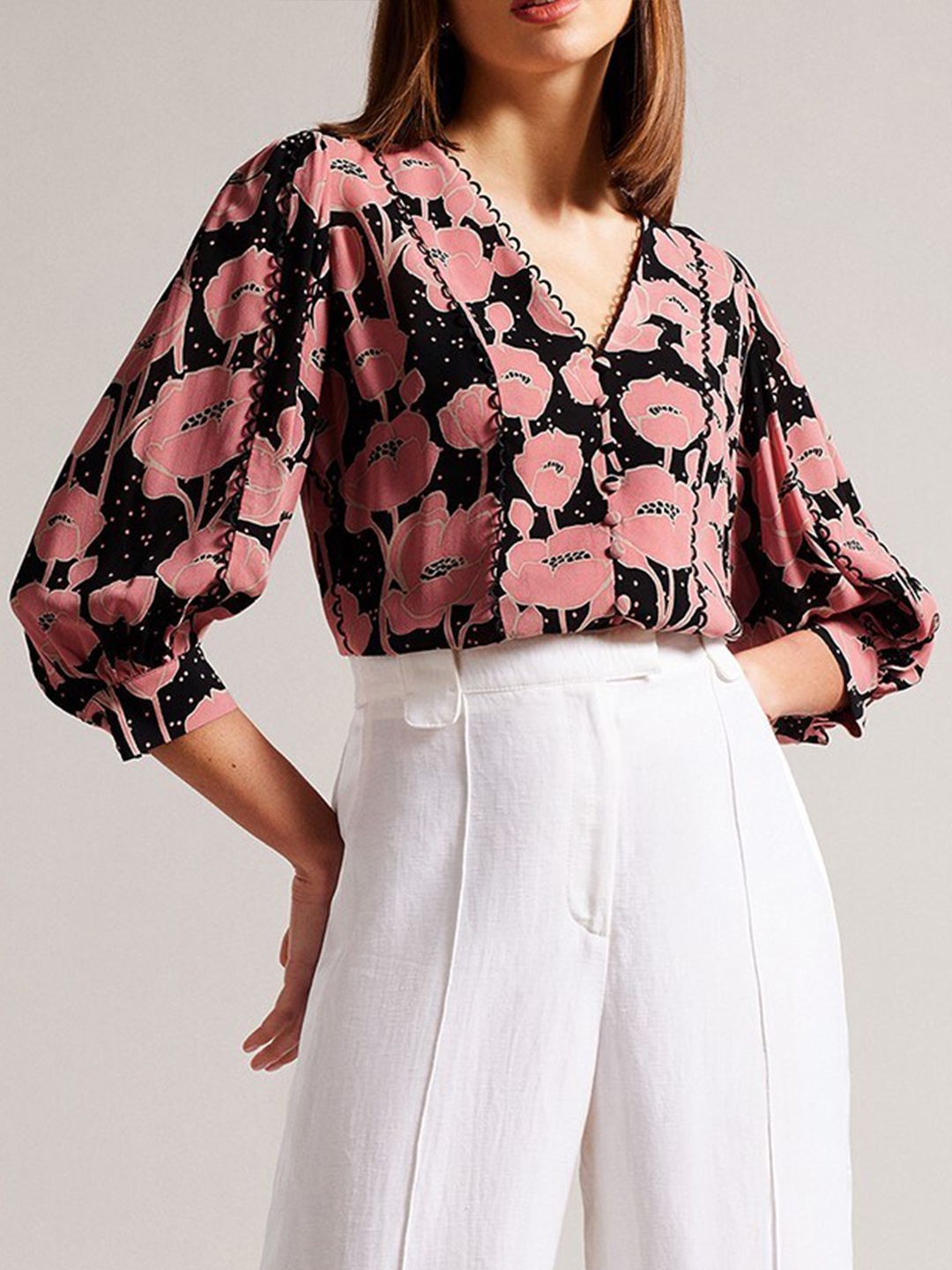 

Ted Baker Floral Printed Shirt Style Cotton Top, Black
