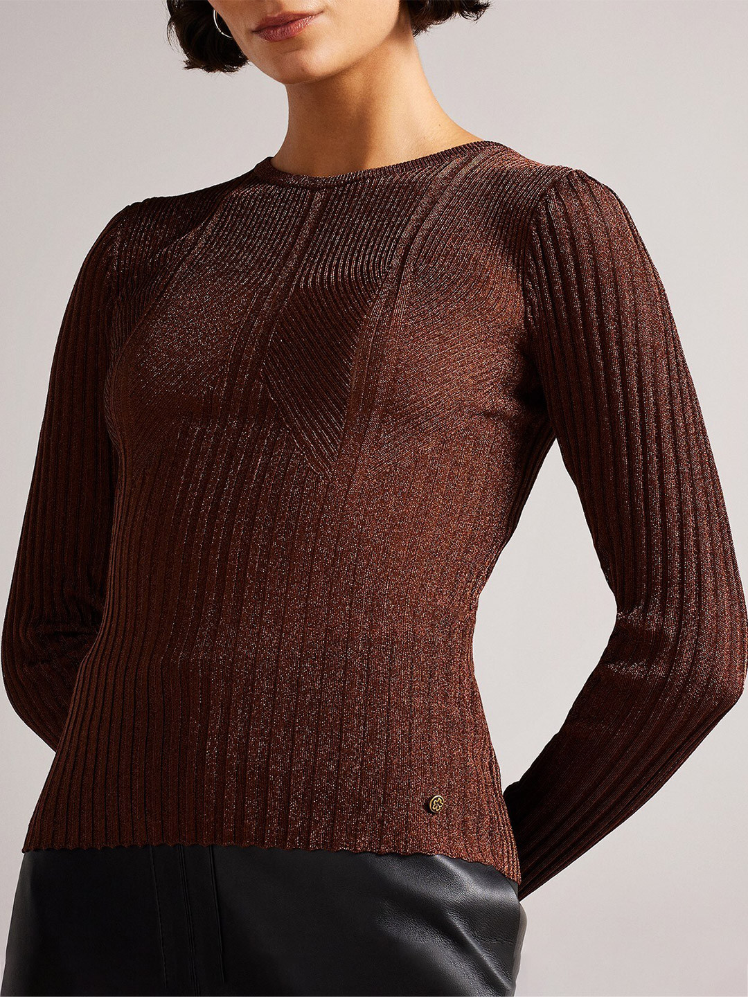 

Ted Baker Striped Round Neck Long Sleeves Fitted Cotton Top, Brown