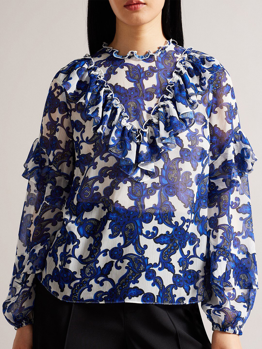

Ted Baker Ethnic Paisley Printed High Neck Bishop Sleeve Top, White