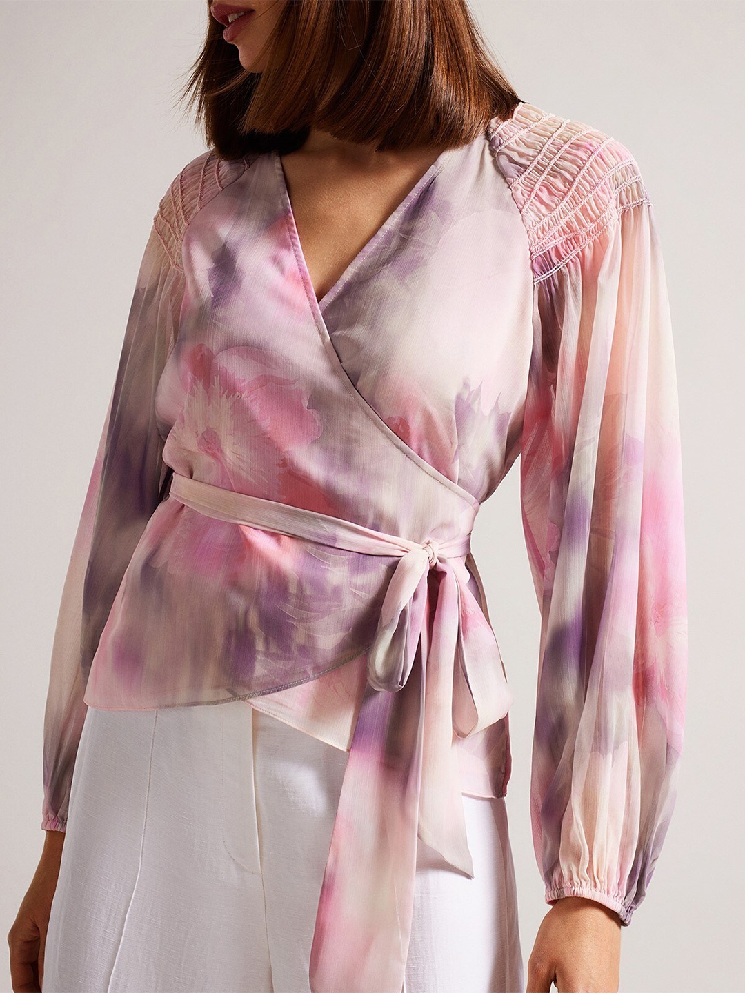 

Ted Baker Floral Printed Puff Sleeves Smocked Shoulders Wrap Top, Pink