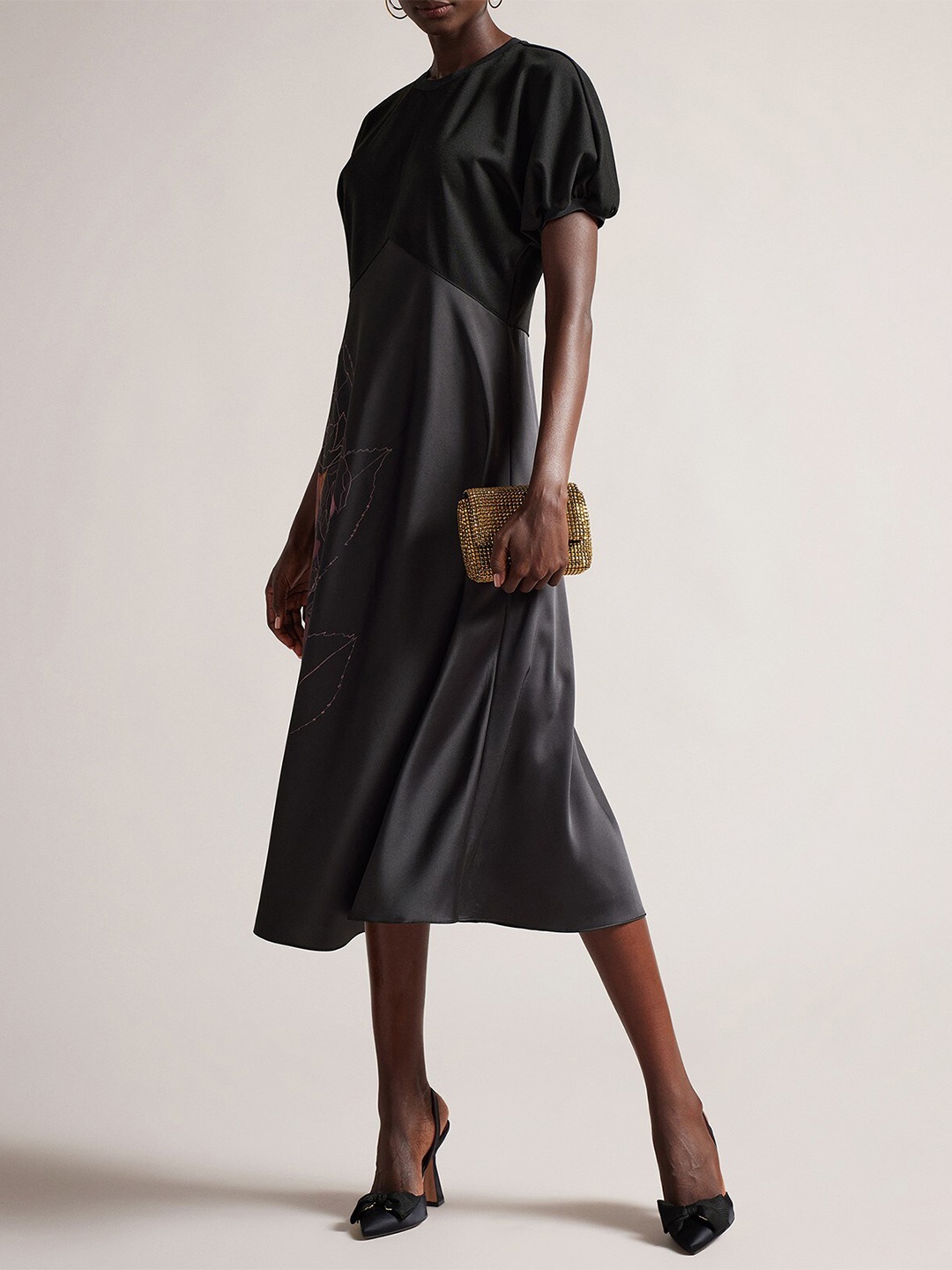 

Ted Baker Floral Printed Puff Sleeves A-Line Midi Dress, Black