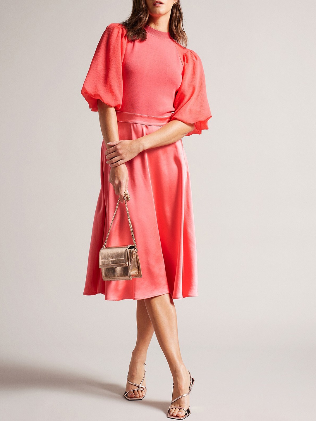 

Ted Baker High Neck Puff Sleeves Fit and Flare Dress, Pink