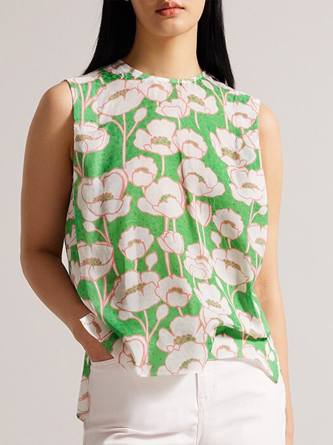 

Ted Baker Floral Print Sleeveless Cotton High-Low Top, Green