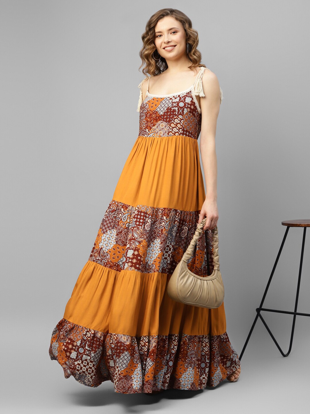 

DEEBACO Ethnic Motifs Print Tiered Maxi Dress, Mustard