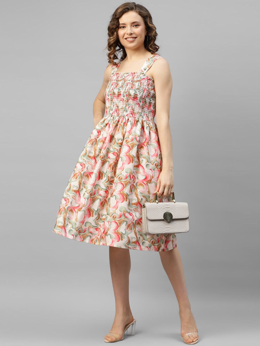 

DEEBACO Floral Printed Linen Fit & Flare Dress, Off white