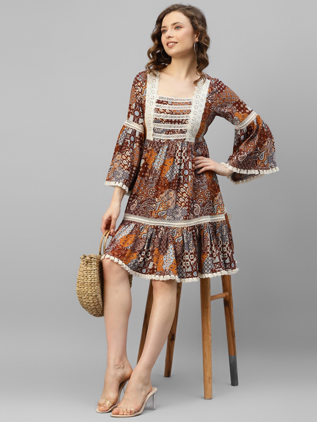 

DEEBACO Paisley Printed Bell Sleeve Fit & Flare Dress, Mustard
