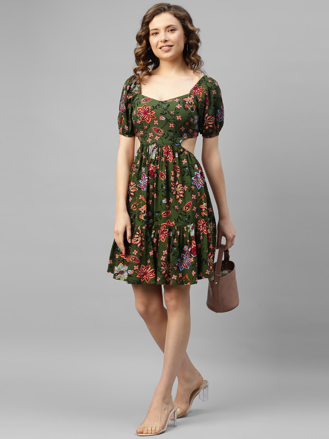 

DEEBACO Green Floral Print Puff Sleeve Fit & Flare Dress