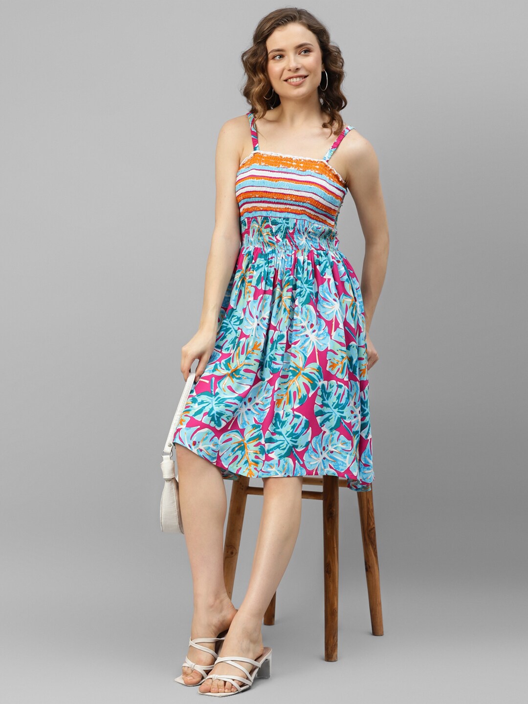 

DEEBACO Floral Printed Fit & Flare Dress, Turquoise blue