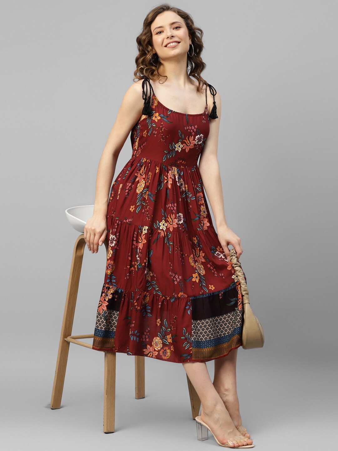 

DEEBACO Floral Print Fit & Flare Midi Dress, Maroon