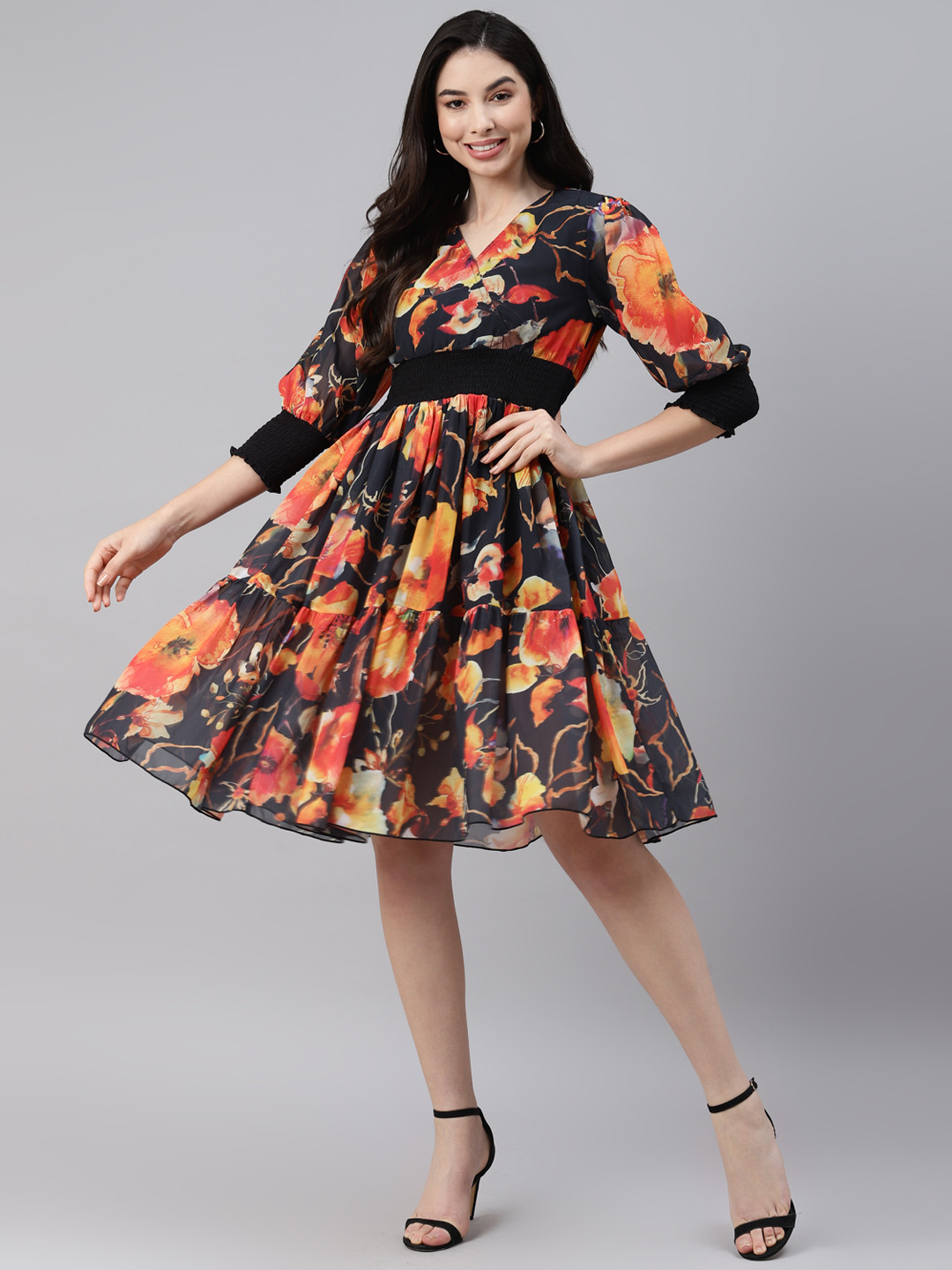 

DEEBACO Floral Print Georgette Fit & Flare Dress, Black