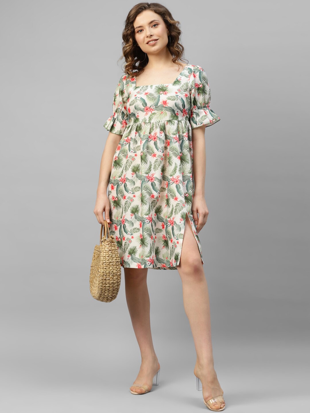 

DEEBACO Off White Tropical Print Linen Empire Dress