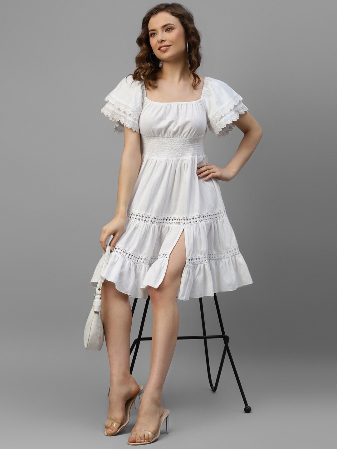 

DEEBACO Square Neck Puff Sleeve Smocked Cotton A-Line Dress, White