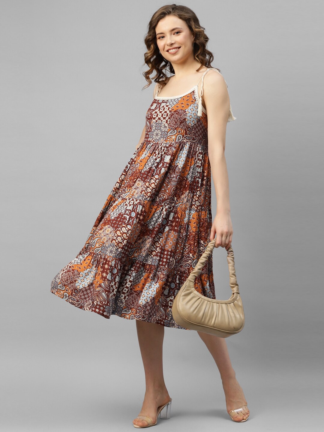 

DEEBACO Ethnic Motifs Print Shoulder Straps A-Line Tiered Midi Dress, Mustard