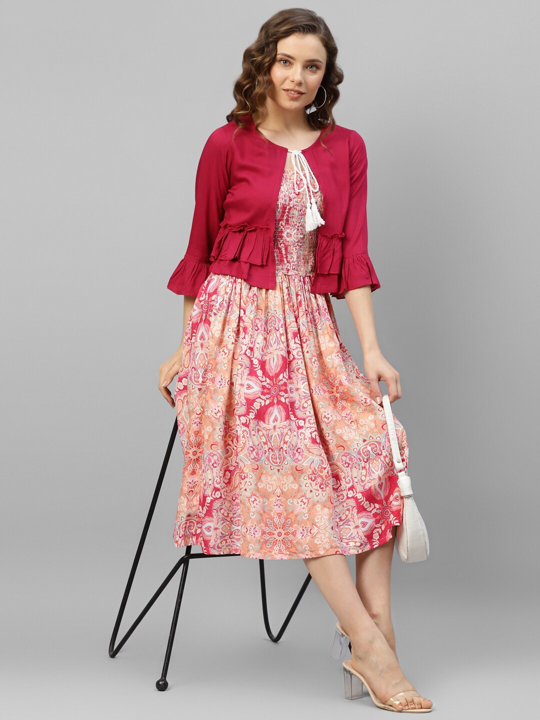 

DEEBACO Floral Print Smocked Fit & Flare Dress With Shrug, Pink