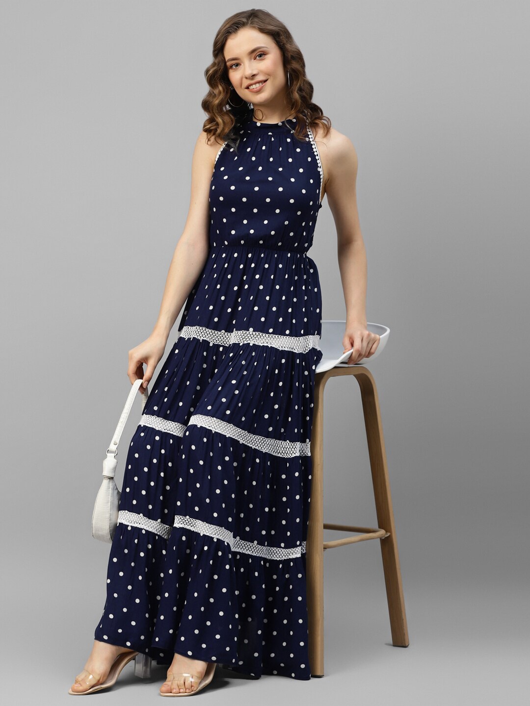 

DEEBACO Polka Dot Print Tiered Maxi Dress, Navy blue