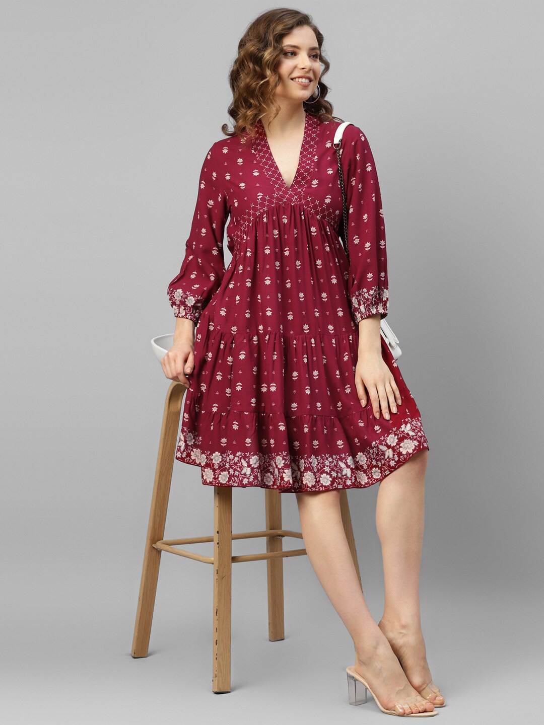 

DEEBACO Floral Printed Puff Sleeve Fit & Flare Dress, Maroon