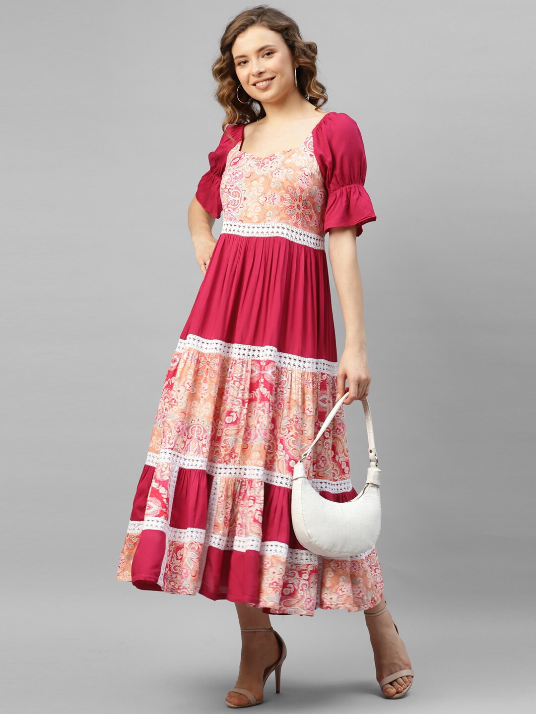

DEEBACO Floral Printed Bell Sleeve Fit & Flare Midi Dress, Red