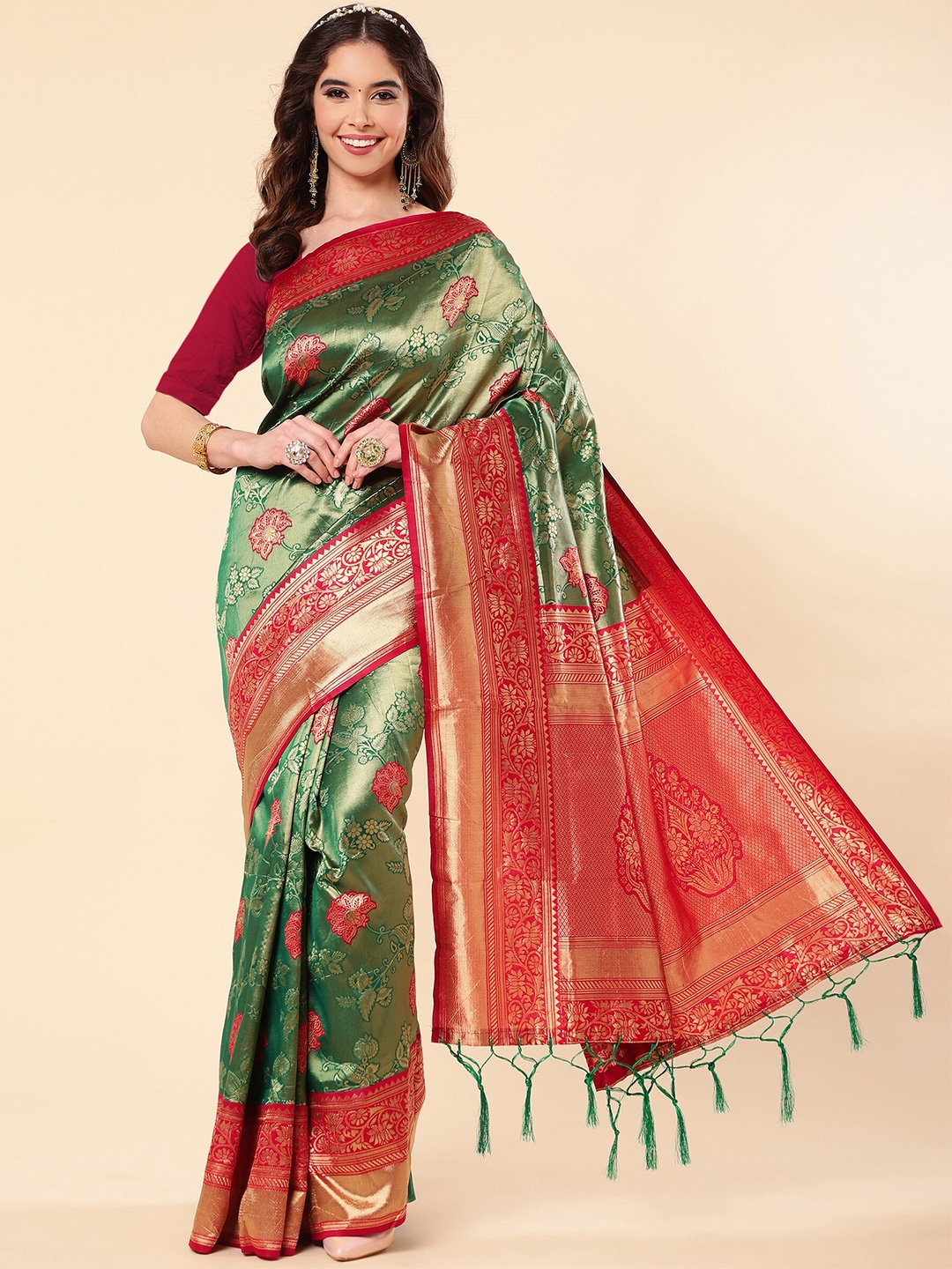 

TEREZA Floral Woven Design Zari Pure Silk Banarasi Saree, Green