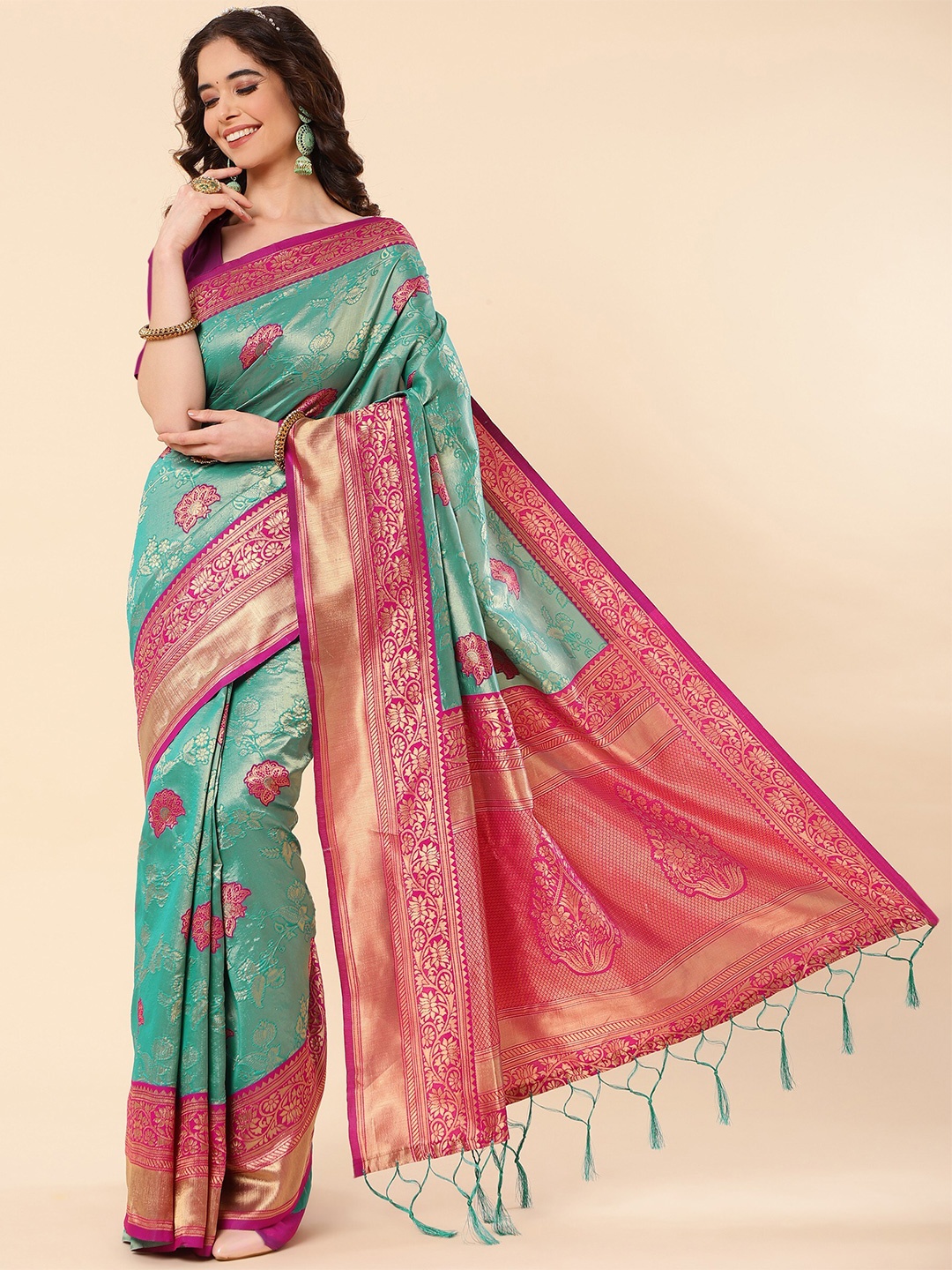 

TEREZA Floral Woven Design Zari Pure Silk Banarasi Saree, Green