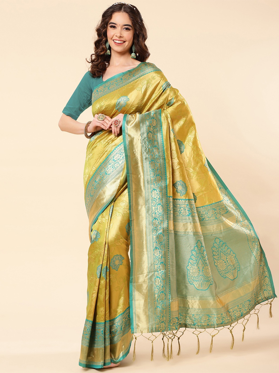 

TEREZA Floral Woven Design Zari Pure Silk Banarasi Saree, Olive