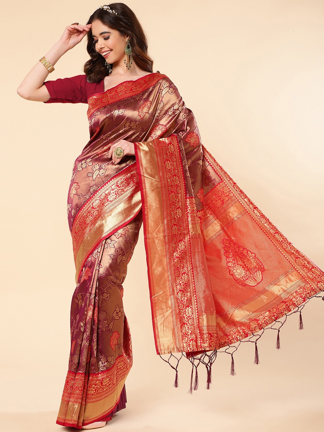 

TEREZA Floral Woven Design Zari Pure Silk Banarasi Saree, Burgundy