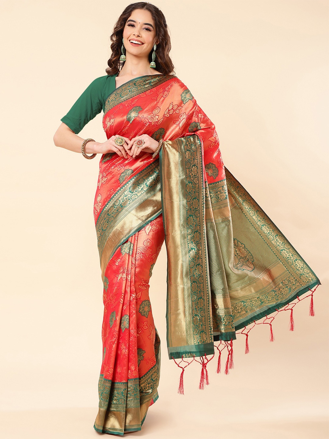 

TEREZA Floral Woven Design Zari Pure Silk Banarasi Saree, Red