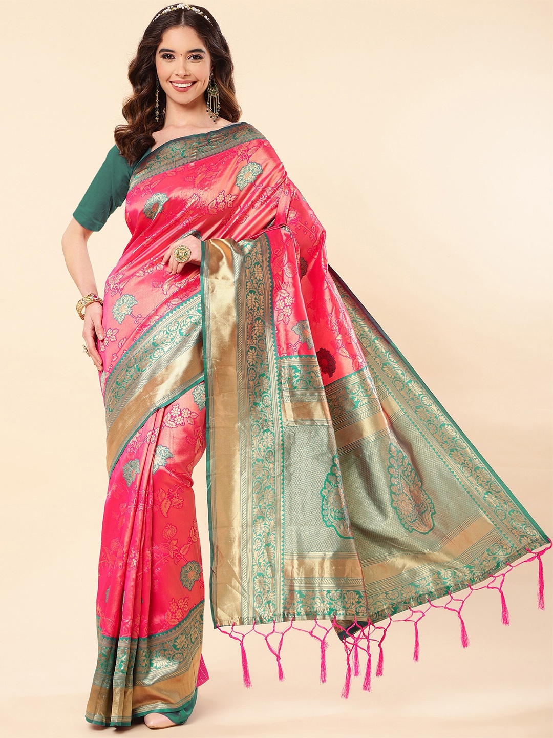 

TEREZA Floral Woven Design Zari Pure Silk Banarasi Saree, Pink