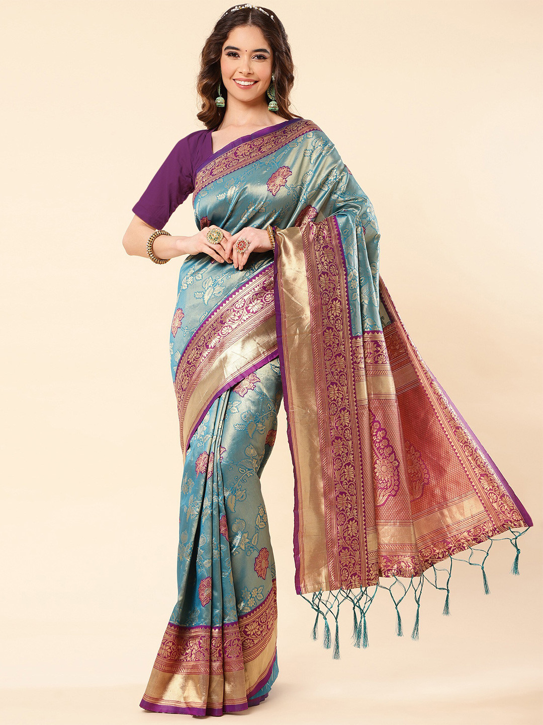 

TEREZA Floral Woven Design Zari Pure Silk Banarasi Saree, Blue