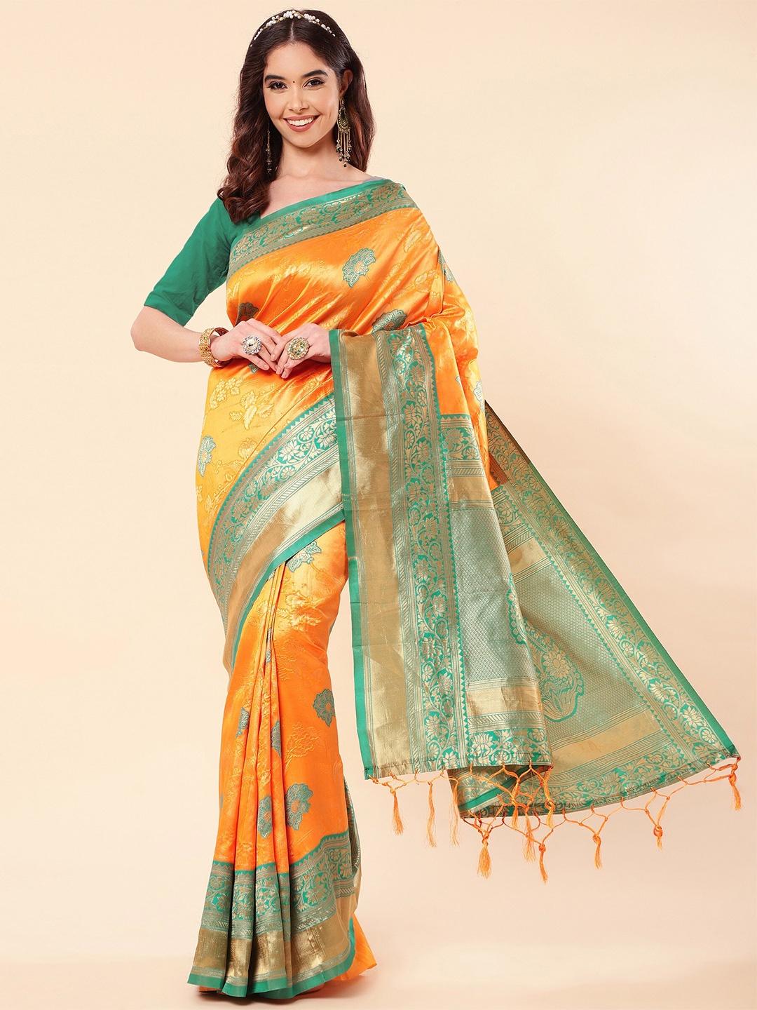 

TEREZA Floral Woven Design Zari Pure Silk Banarasi Saree, Gold
