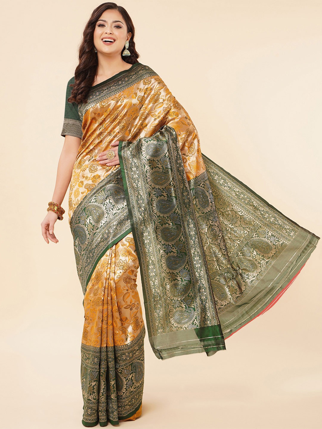

TEREZA Floral Woven Design Zari Pure Silk Banarasi Saree, Mustard