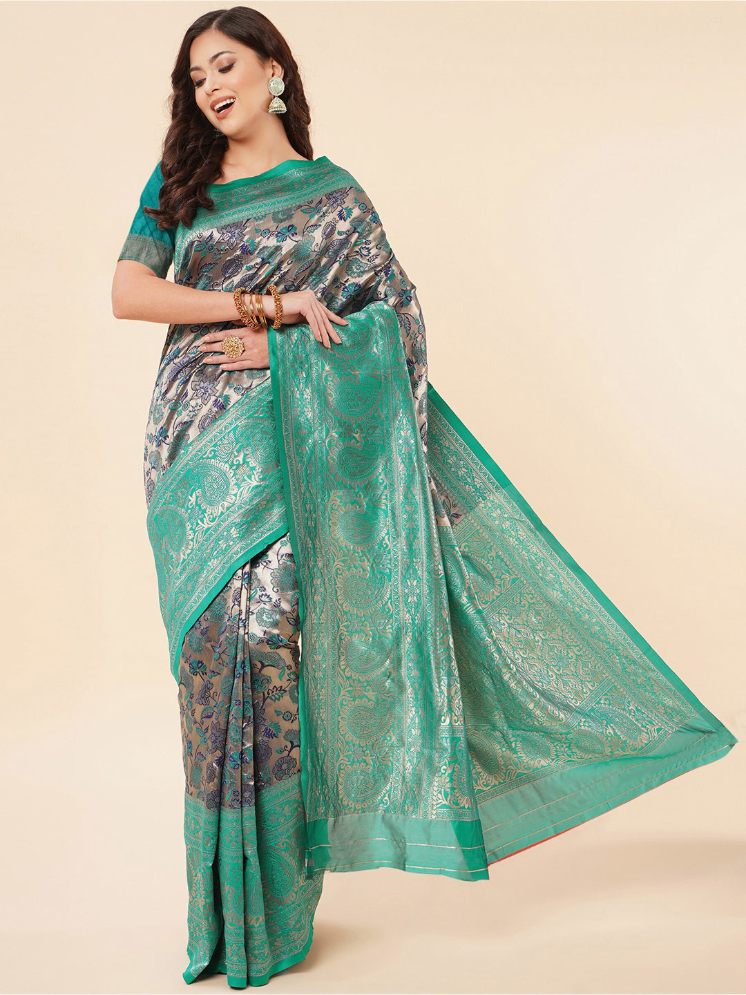 

TEREZA Floral Woven Design Zari Pure Silk Banarasi Saree, Navy blue