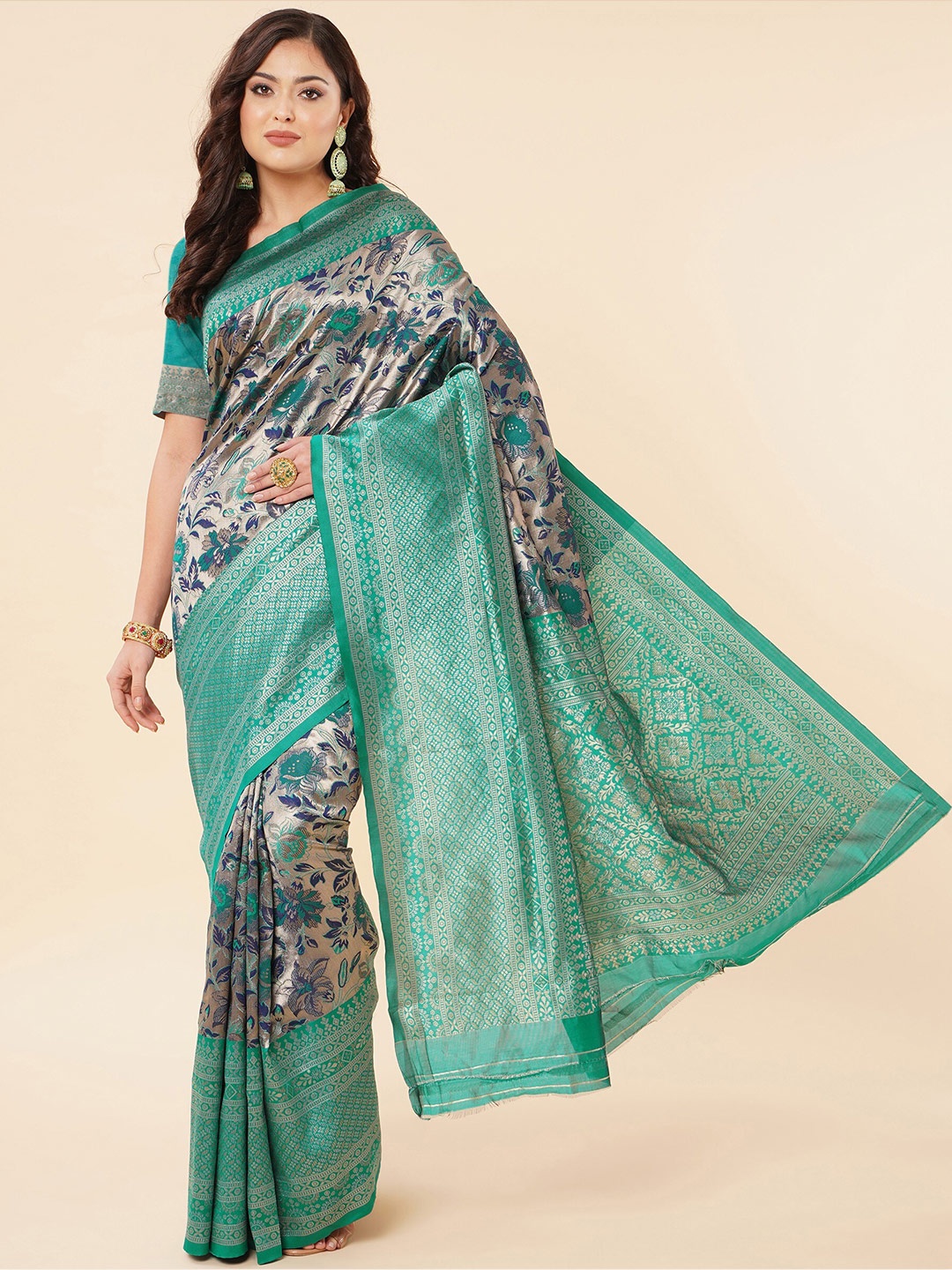 

TEREZA Floral Woven Design Zari Pure Silk Banarasi Saree, Navy blue