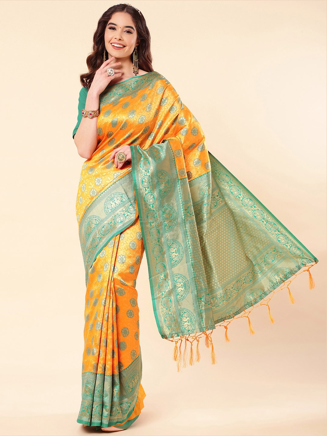 

TEREZA Floral Woven Design Zari Pure Silk Kanjeevaram Saree, Mustard