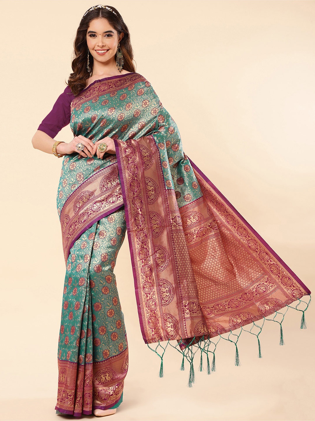 

TEREZA Floral Woven Design Zari Pure Silk Kanjeevaram Saree, Teal