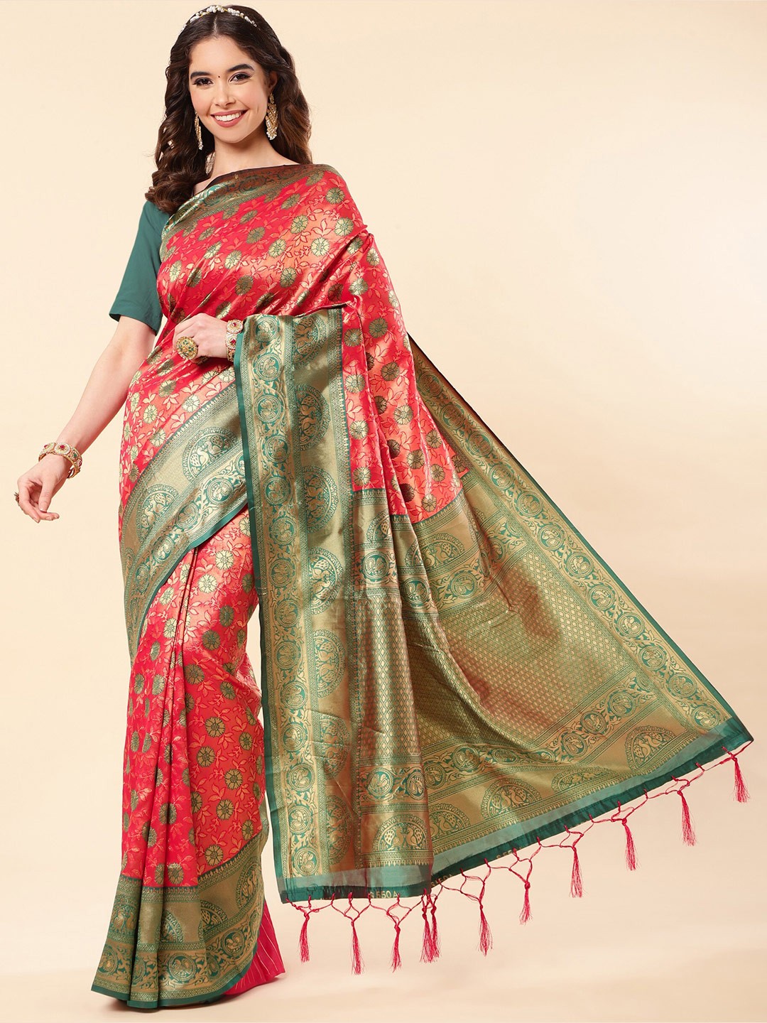 

TEREZA Floral Woven Design Zari Pure Silk Banarasi Saree, Red
