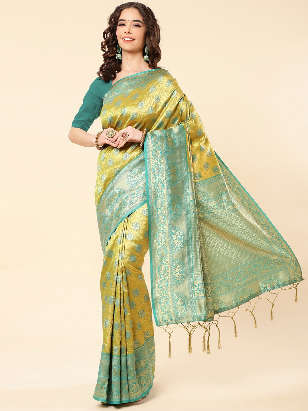 

TEREZA Floral Woven Design Zari Pure Silk Banarasi Saree, Olive