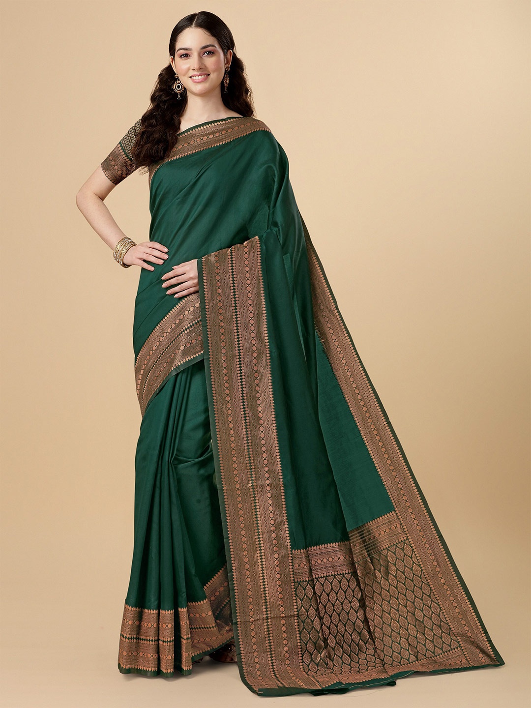 

TEREZA Zari Pure Silk Kanjeevaram Saree, Green