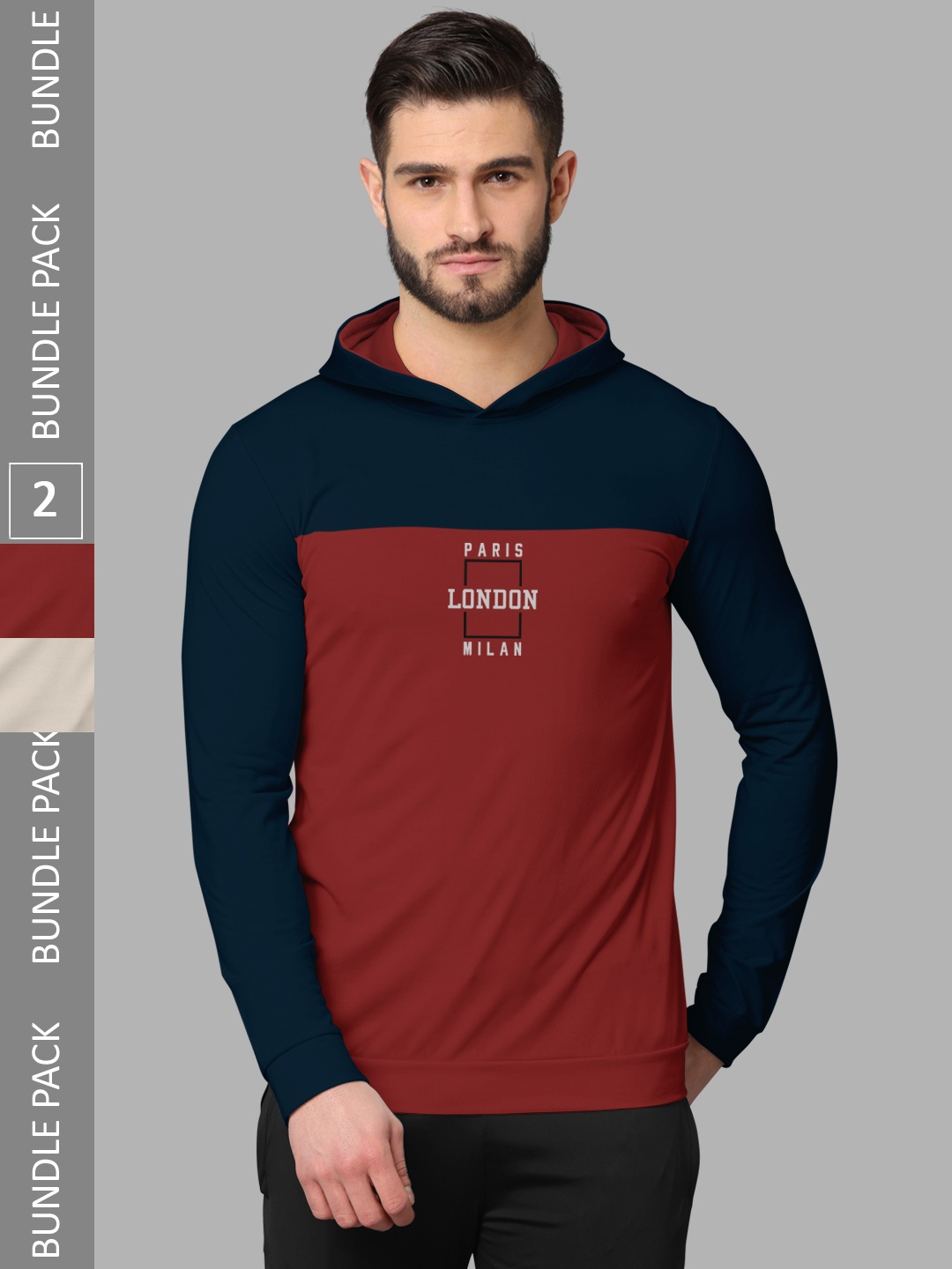 

BULLMER Pack of 2 Typography Printed Long Sleeves Hooded T-shirts, Blue