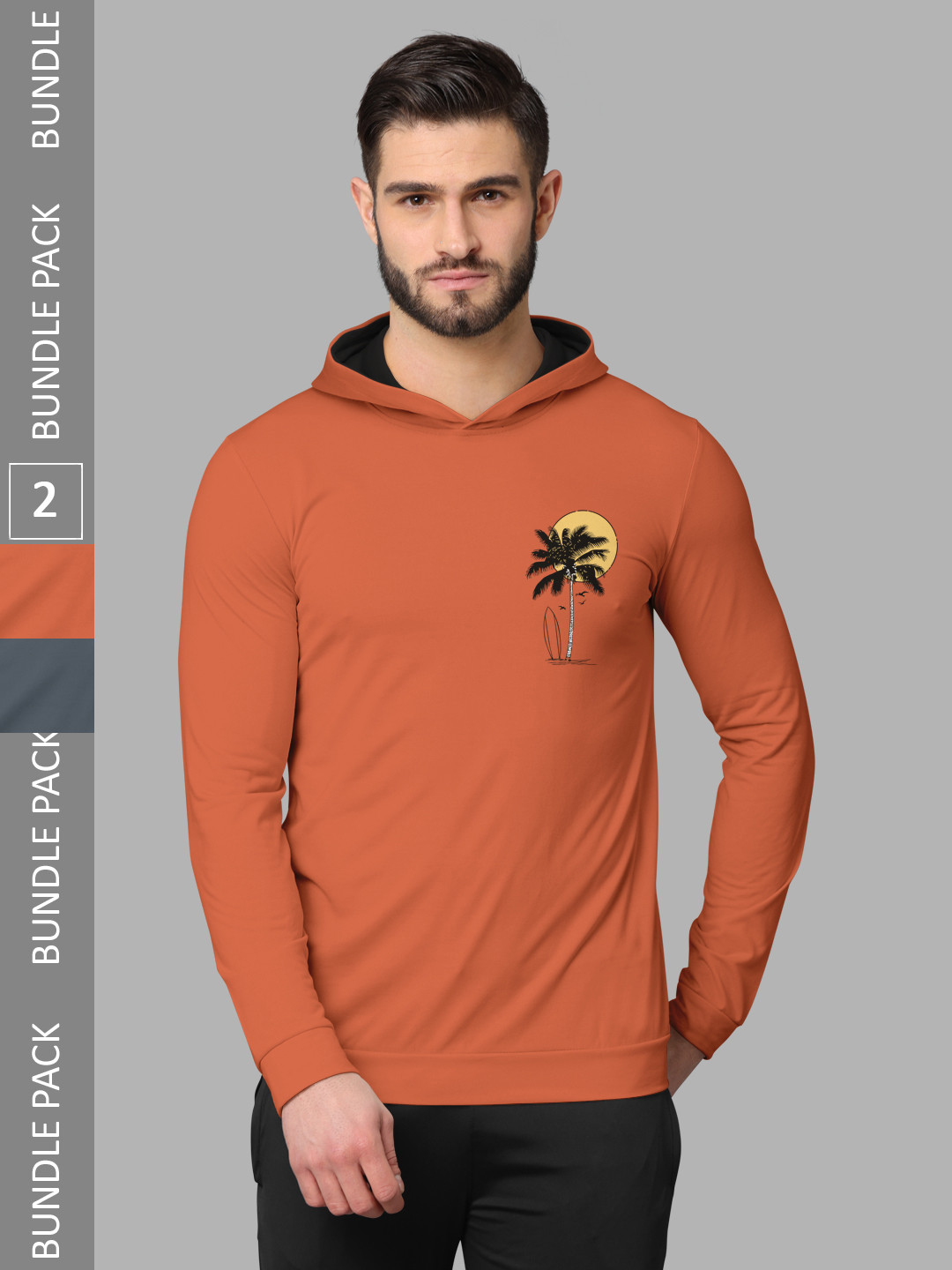 

BULLMER Pack of 2 Typography Printed Long Sleeves Hooded T-shirts, Orange