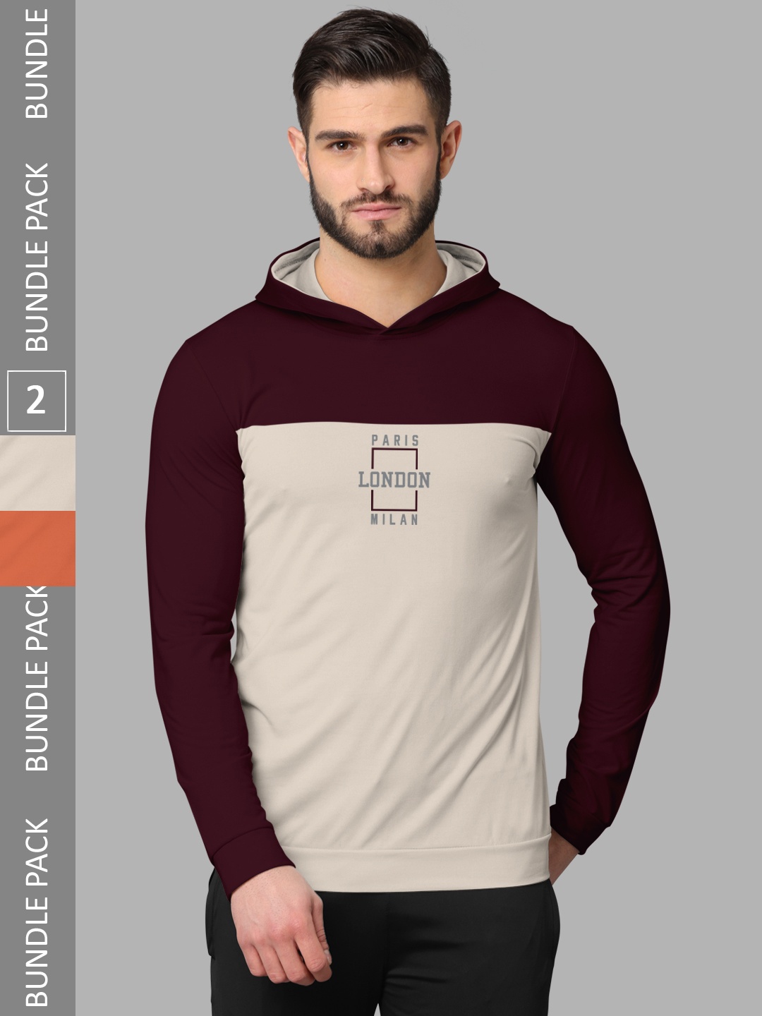 

BULLMER Pack Of 2 Printed Hood Long Sleeves Round Neck T-shirt, Maroon