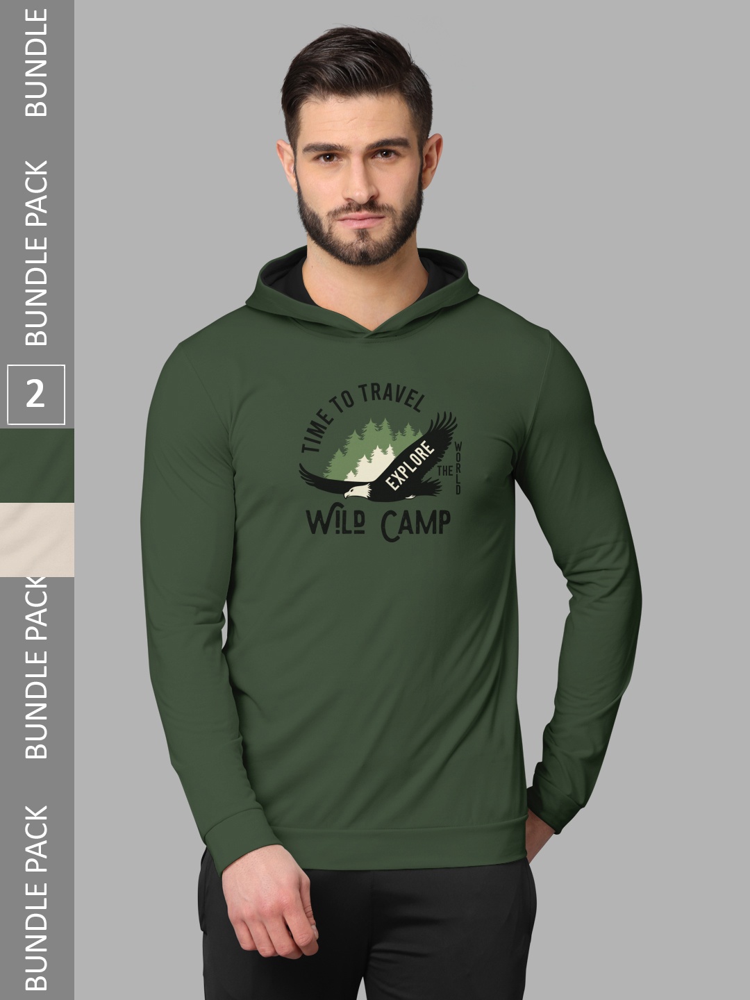 

BULLMER Pack Of 2 Printed Hooded Long Sleeves Cotton T-shirts, Olive