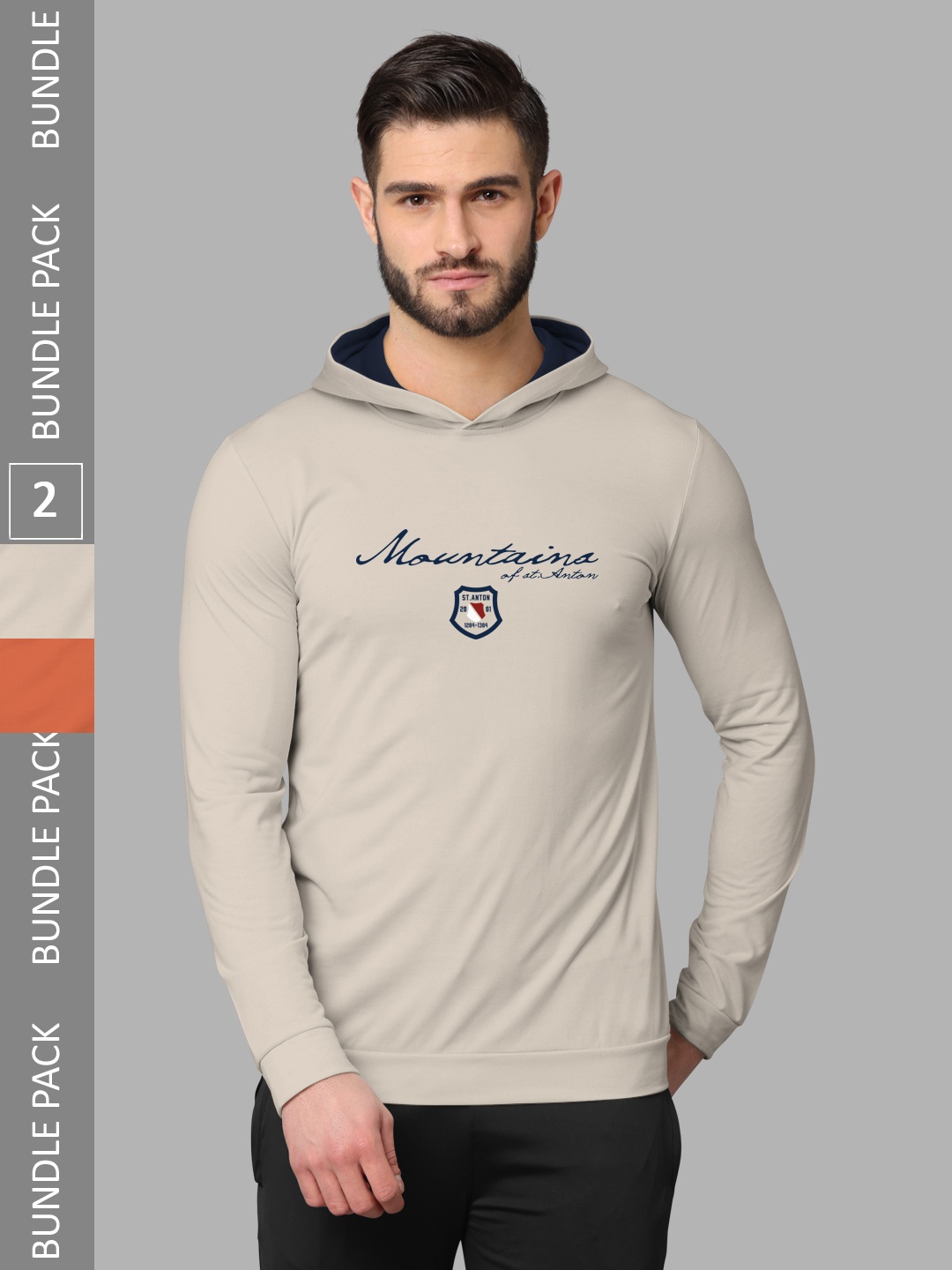 

BULLMER Pack Of 2 Typography Printed Hooded Neck Cotton Casual T-Shirts, Taupe