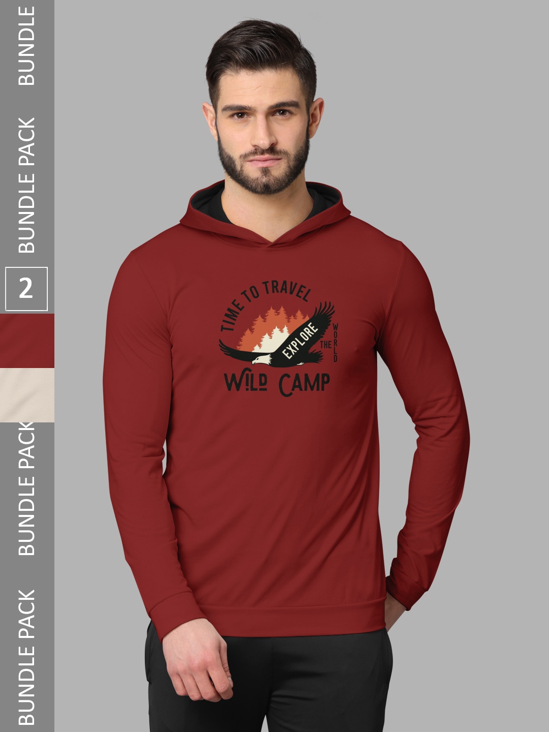 

BULLMER Pack Of 2 Typography Printed Hooded Neck Cotton Casual T-Shirts, Red