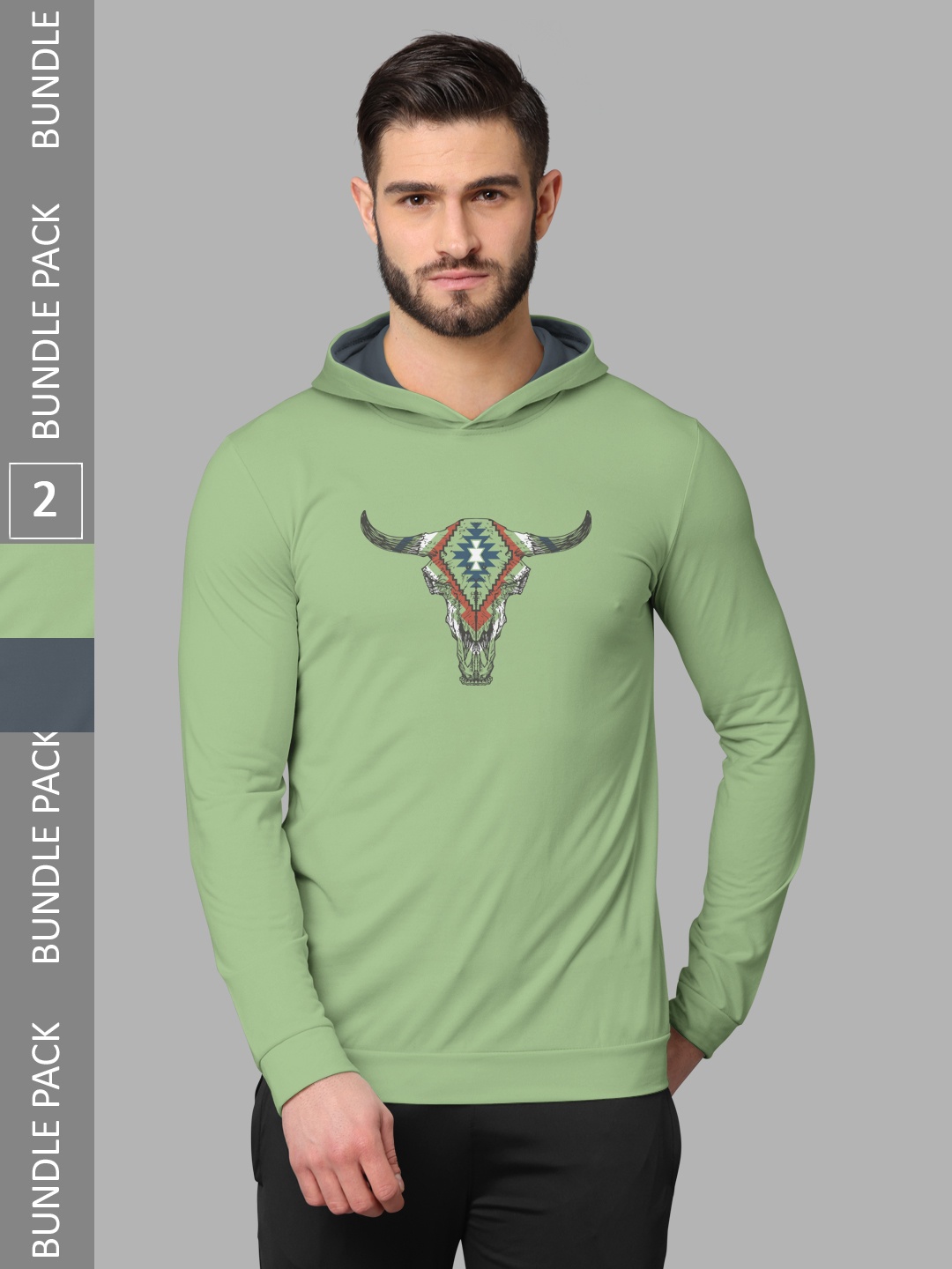 

BULLMER Pack Of 2 Graphic Printed Hooded Neck Cotton Casual T-Shirts, Green