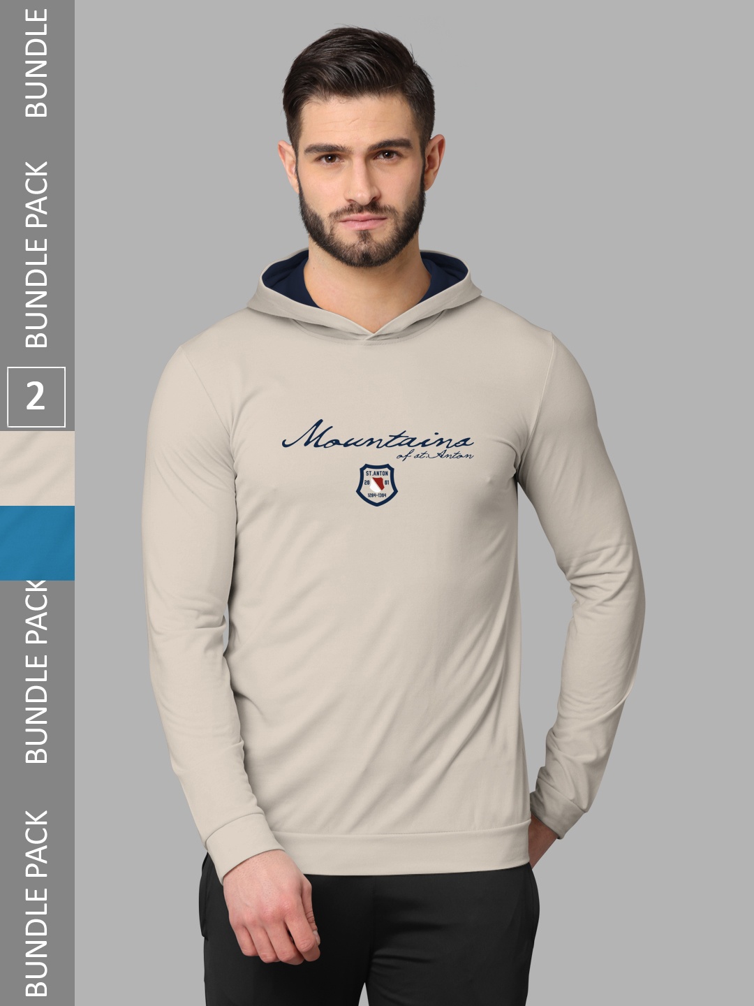 

BULLMER Pack Of 2 Typography Printed Hooded Neck Cotton Casual T-Shirts, Beige