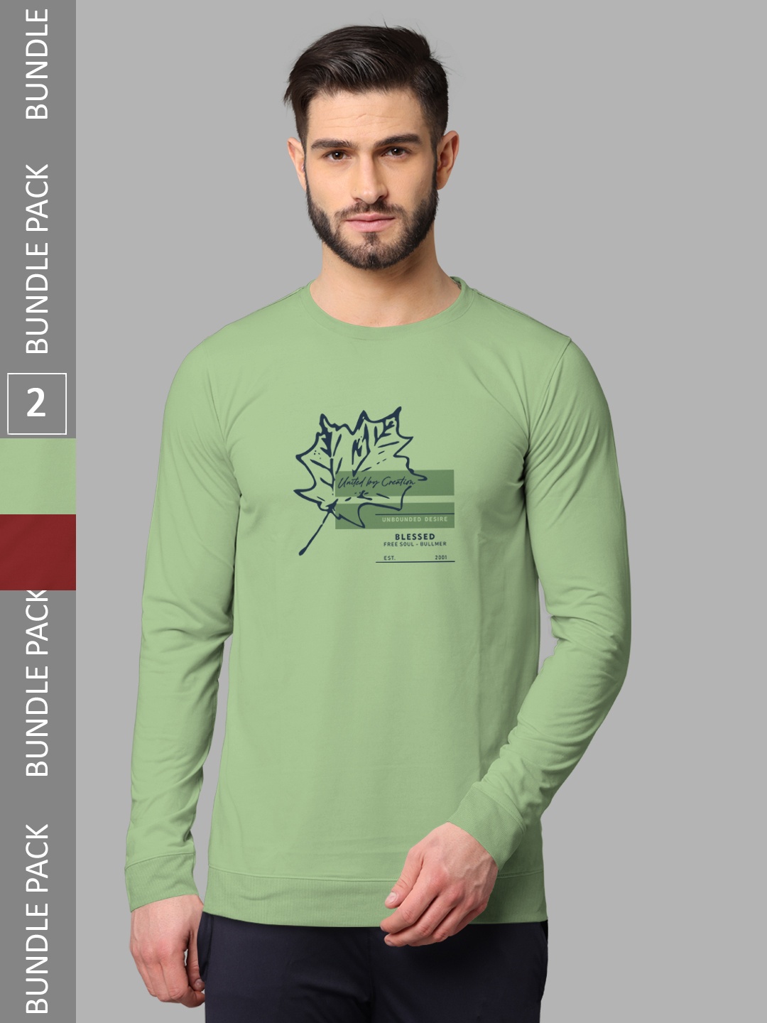 

BULLMER Pack Of 2 Printed Long Sleeves Cotton T-shirts, Green
