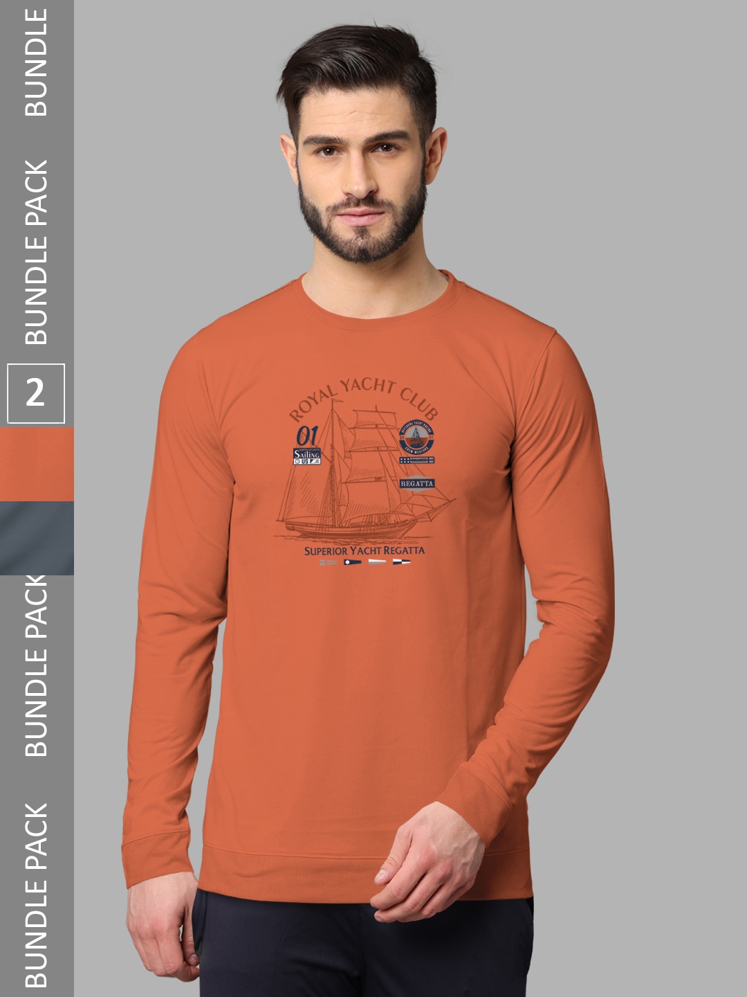 

BULLMER Pack Of 2 Printed Long Sleeves Cotton T-shirts, Orange