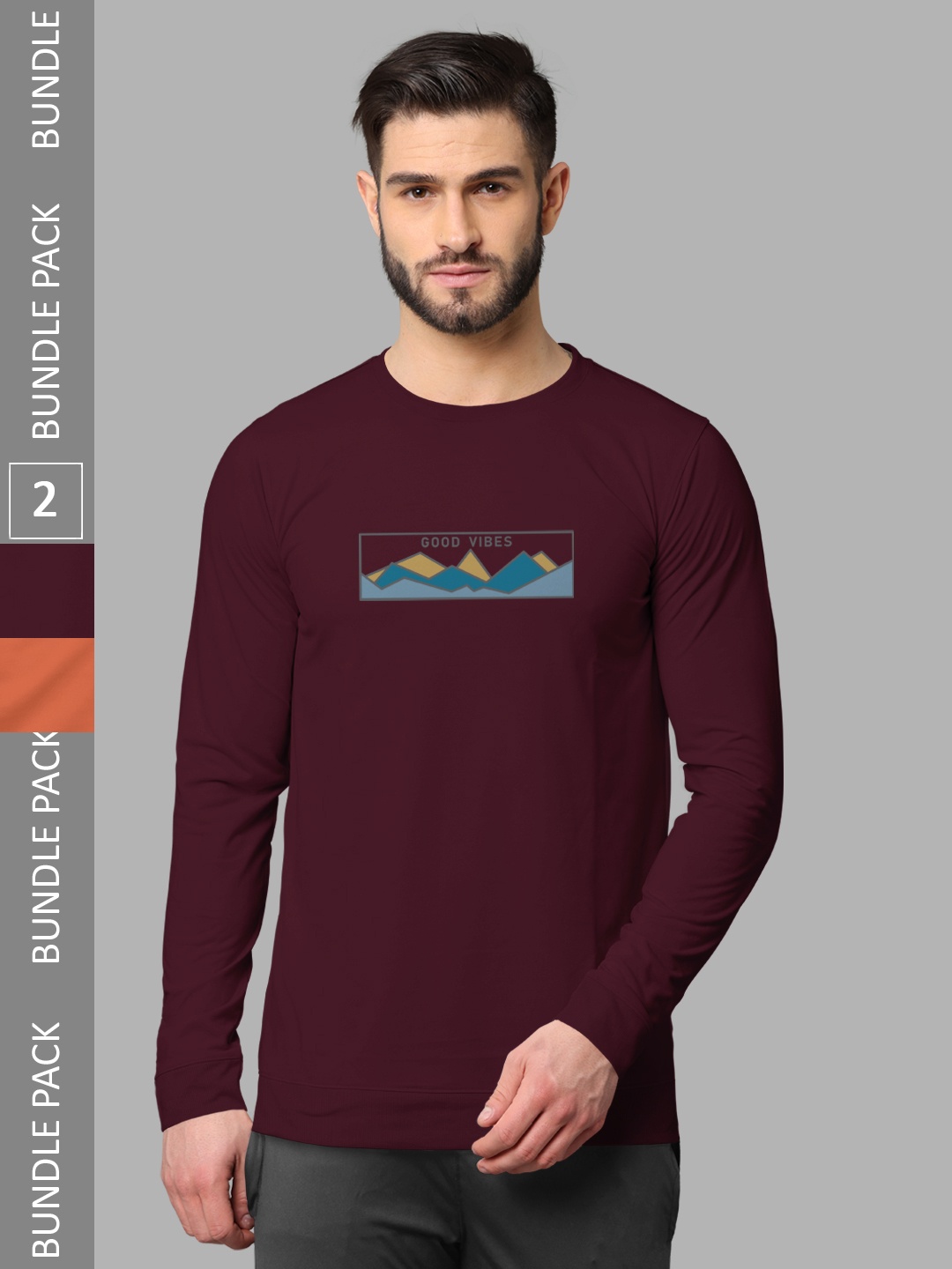 

BULLMER Pack Of 2 Printed Long Sleeves Cotton T-shirts, Burgundy