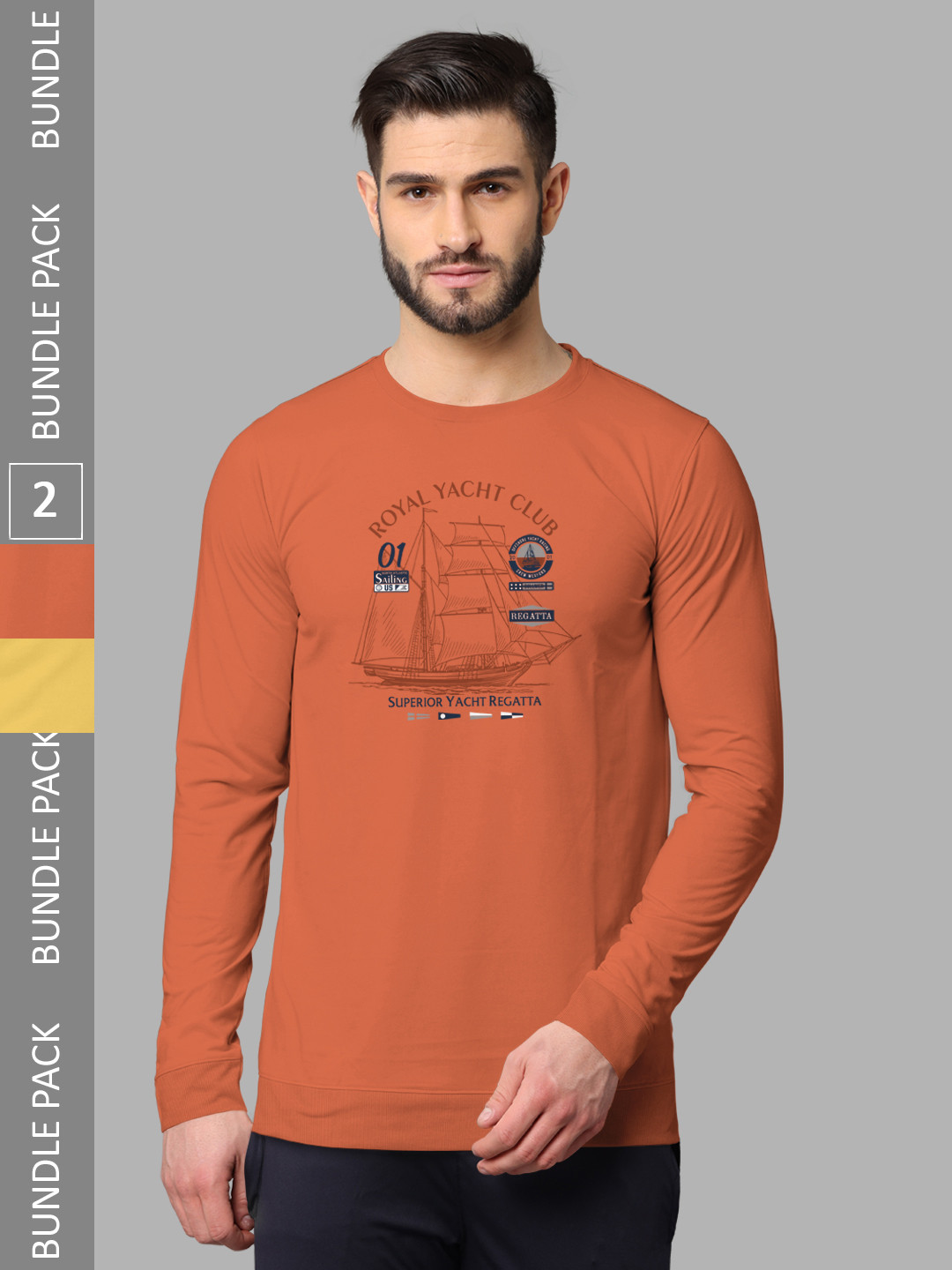 

BULLMER Pack Of 2 Printed Long Sleeves Cotton T-shirts, Orange