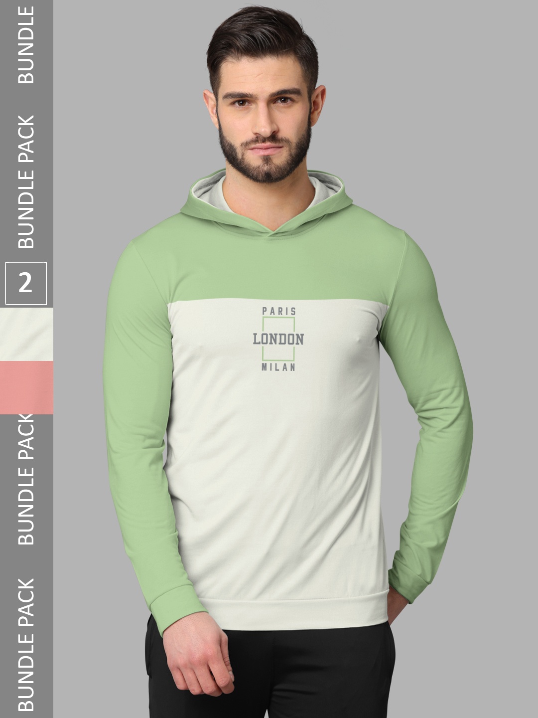 

BULLMER Pack of 2 Typography Printed Long Sleeves Hooded T-shirts, Green
